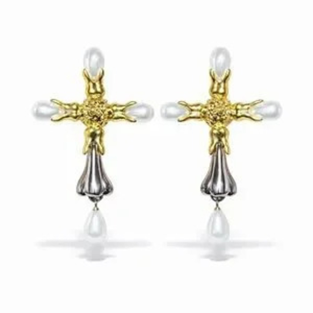 ?? Avant-Garde Gold and Silver Cross Earrings